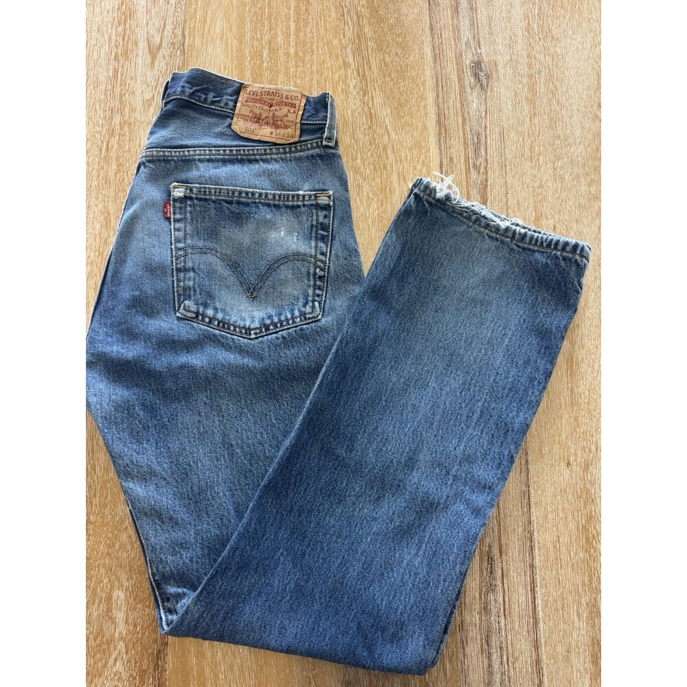 Levis 501 Original Fit Jean Mens 34x34 Thrash Distressed Shred Blue Y2K (32x33)